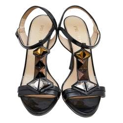 Pre Owned Prada Dark Green Patent Leather Crystal Embellished T-Strap Sandals Size 40