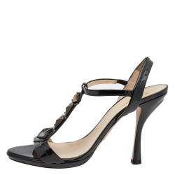 Pre Owned Prada Dark Green Patent Leather Crystal Embellished T-Strap Sandals Size 40