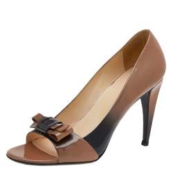 Pre Owned Prada Beige/Black Ombre Patent Leather Bow Open Toe Pumps Size 39