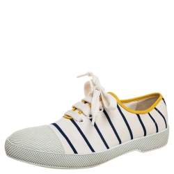 Pre Owned Prada Off White/Blue Canvas Lace Up Cap Toe Sneakers Size 38