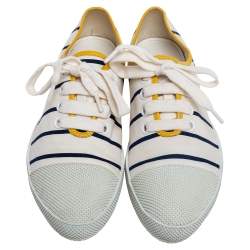 Pre Owned Prada Off White/Blue Canvas Lace Up Cap Toe Sneakers Size 38