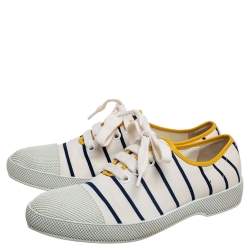 Pre Owned Prada Off White/Blue Canvas Lace Up Cap Toe Sneakers Size 38