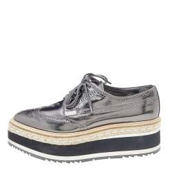 Pre Owned Prada Metallic Grey Brogue Leather Wave Wingtip Espadrille Platform Derby Sneakers Size 39.5
