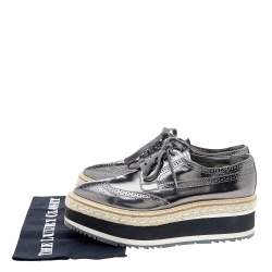 Pre Owned Prada Metallic Grey Brogue Leather Wave Wingtip Espadrille Platform Derby Sneakers Size 39.5