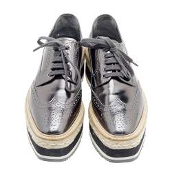 Pre Owned Prada Metallic Grey Brogue Leather Wave Wingtip Espadrille Platform Derby Sneakers Size 39.5