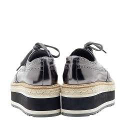 Pre Owned Prada Metallic Grey Brogue Leather Wave Wingtip Espadrille Platform Derby Sneakers Size 39.5
