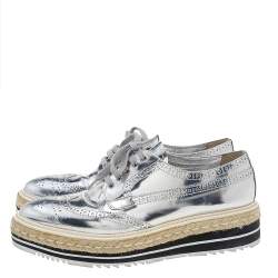 Pre Owned Prada Metallic Silver Brogue Leather Wingtip Espadrille Platform Derby Sneakers Size 40