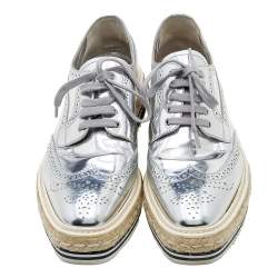 Pre Owned Prada Metallic Silver Brogue Leather Wingtip Espadrille Platform Derby Sneakers Size 40
