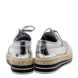 Pre Owned Prada Metallic Silver Brogue Leather Wingtip Espadrille Platform Derby Sneakers Size 40