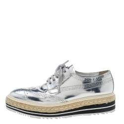 Pre Owned Prada Metallic Silver Brogue Leather Wingtip Espadrille Platform Derby Sneakers Size 40