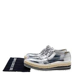 Pre Owned Prada Metallic Silver Brogue Leather Wingtip Espadrille Platform Derby Sneakers Size 40