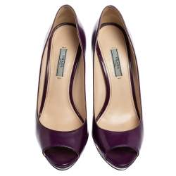 Pre Owned Prada Purple Leather Peep Toe Platform Pumps Size 40