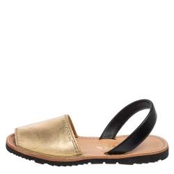 Pre Owned Prada Metallic Gold/Black Leather Slingback Flat Sandals Size 37