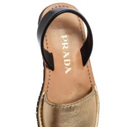 Pre Owned Prada Metallic Gold/Black Leather Slingback Flat Sandals Size 37