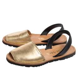 Pre Owned Prada Metallic Gold/Black Leather Slingback Flat Sandals Size 37