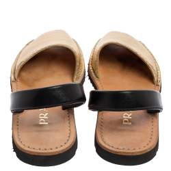 Pre Owned Prada Metallic Gold/Black Leather Slingback Flat Sandals Size 37