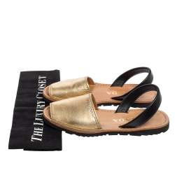 Pre Owned Prada Metallic Gold/Black Leather Slingback Flat Sandals Size 37