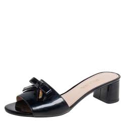Pre Owned Prada Black Patent Leather Bow Slide Sandals Size 37
