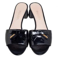 Pre Owned Prada Black Patent Leather Bow Slide Sandals Size 37