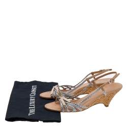 Pre Owned Prada Silver/Beige Braided Leather Bow Slingback Wedge Sandals Size 40