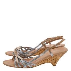 Pre Owned Prada Silver/Beige Braided Leather Bow Slingback Wedge Sandals Size 40