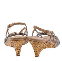 Pre Owned Prada Silver/Beige Braided Leather Bow Slingback Wedge Sandals Size 40