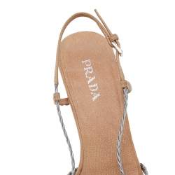 Pre Owned Prada Silver/Beige Braided Leather Bow Slingback Wedge Sandals Size 40