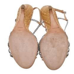 Pre Owned Prada Silver/Beige Braided Leather Bow Slingback Wedge Sandals Size 40