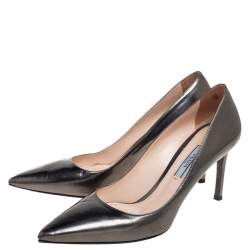 Prada Metallic Grey Leather Pointed Toe Pumps Size 36.5