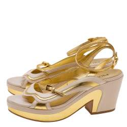 Prada Beige/Gold Leather Ankle Strap Block Heel Sandals Size 40