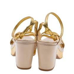 Prada Beige/Gold Leather Ankle Strap Block Heel Sandals Size 40