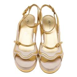 Prada Beige/Gold Leather Ankle Strap Block Heel Sandals Size 40