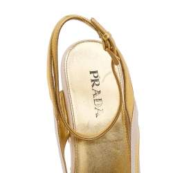 Prada Beige/Gold Leather Ankle Strap Block Heel Sandals Size 40