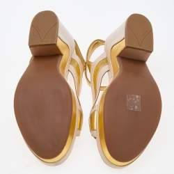 Prada Beige/Gold Leather Ankle Strap Block Heel Sandals Size 40