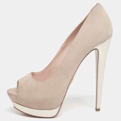 Pre Owned Prada Cream/Gold Suede And Leather Peep Toe Platform Pumps Size 39
