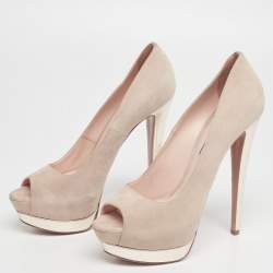 Pre Owned Prada Cream/Gold Suede And Leather Peep Toe Platform Pumps Size 39