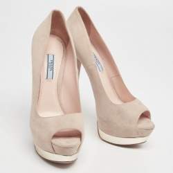Pre Owned Prada Cream/Gold Suede And Leather Peep Toe Platform Pumps Size 39