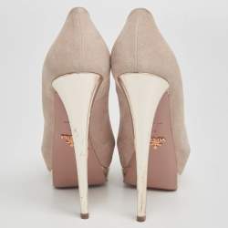 Pre Owned Prada Cream/Gold Suede And Leather Peep Toe Platform Pumps Size 39