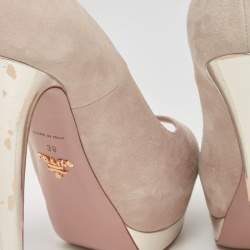 Pre Owned Prada Cream/Gold Suede And Leather Peep Toe Platform Pumps Size 39