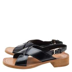 Pre Owned Prada Black Leather Cross Strap Sandals Size 37