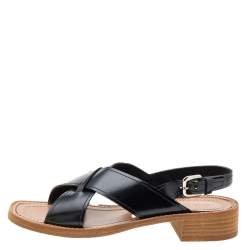 Pre Owned Prada Black Leather Cross Strap Sandals Size 37