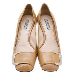 Pre Owned Prada Beige Patent Leather Block Heel Pumps Size 38