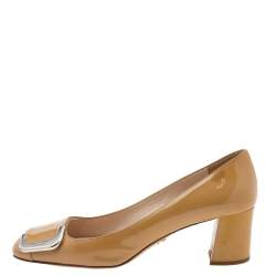 Pre Owned Prada Beige Patent Leather Block Heel Pumps Size 38