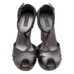 Pre Owned Prada Metallic Dark Grey Leather Studded T-Strap Platform Sandals Size 37.5