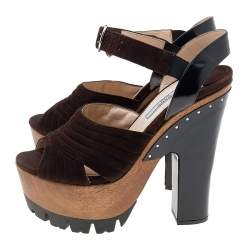 Prada Brown/Black Suede and Leather Ankle Strap Platform Sandals Size 36.5