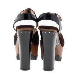 Prada Brown/Black Suede and Leather Ankle Strap Platform Sandals Size 36.5