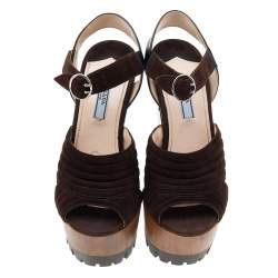 Prada Brown/Black Suede and Leather Ankle Strap Platform Sandals Size 36.5