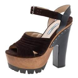 Prada Brown/Black Suede and Leather Ankle Strap Platform Sandals Size 36.5