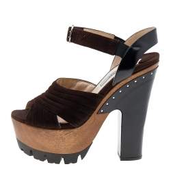 Prada Brown/Black Suede and Leather Ankle Strap Platform Sandals Size 36.5