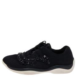 Pre Owned Prada Black Mesh Crystal Embellished Slip On Sneakers Size 40
